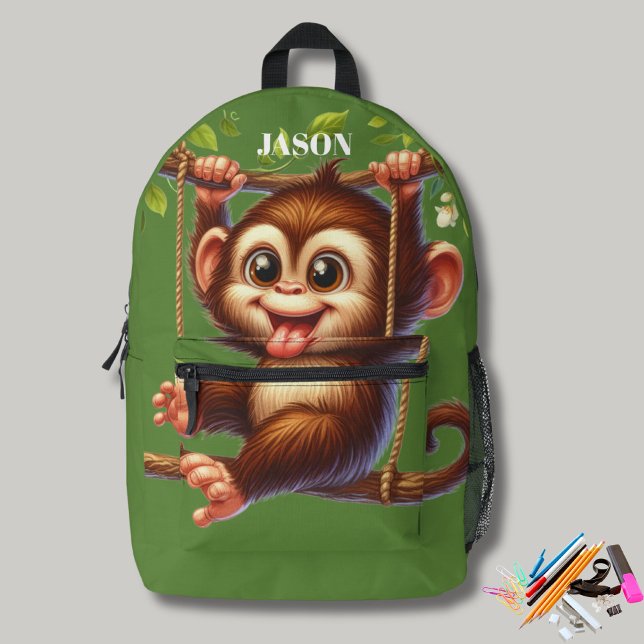 Jungle Affenschwingen auf Baummonogramm Kinder grü Bedruckter Rucksack (Von Creator hochgeladen)