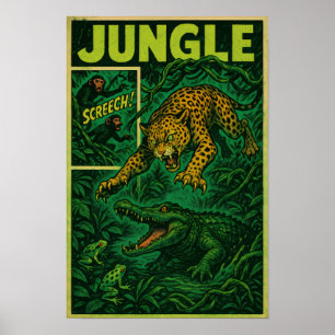 Jungle Ambush - Jaguar vs Alligator Retro Comic Poster