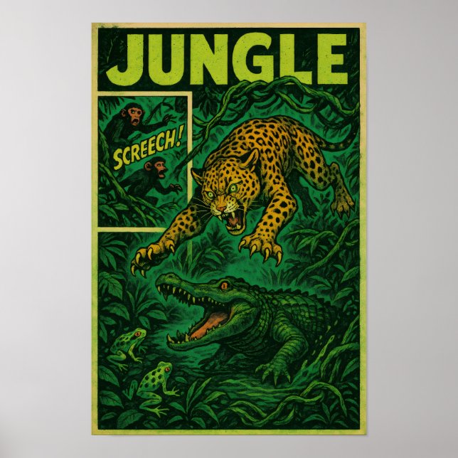Jungle Ambush - Jaguar vs Alligator Retro Comic Poster (Vorne)