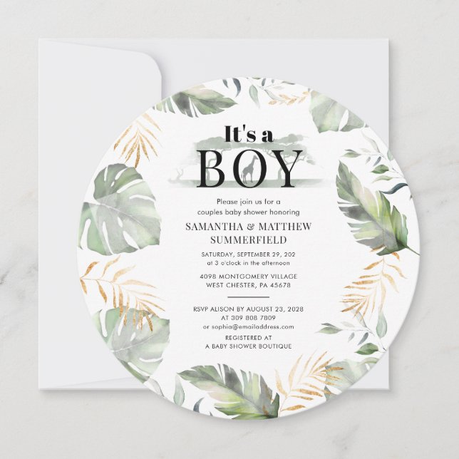 Jungle Animal Botanical Modern Boy Baby Shower Einladung (Vorderseite)