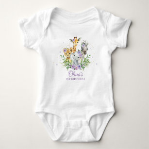 Jungle Animal Lila Floral 1. Geburtstag Outfit Baby Strampler