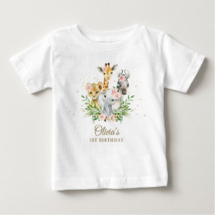 Jungle Animal Pink Floral Girl 1. Geburtstagskleid Baby T-shirt