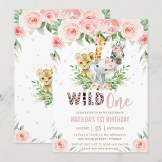 Jungle Animal Safari Blush Floral 1. Geburtstag Einladung