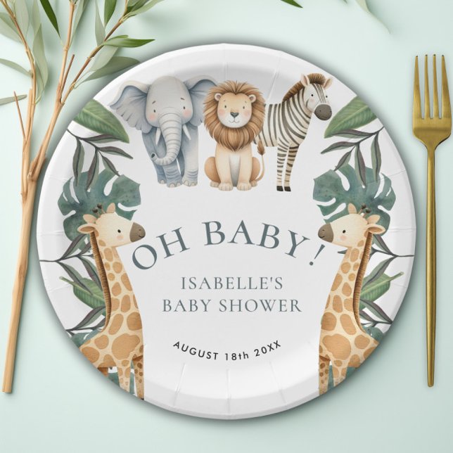 Jungle Animal Safari Grüne Babydusche Pappteller (Jungle Animal Safari Greenery Baby Shower Paper Plates)