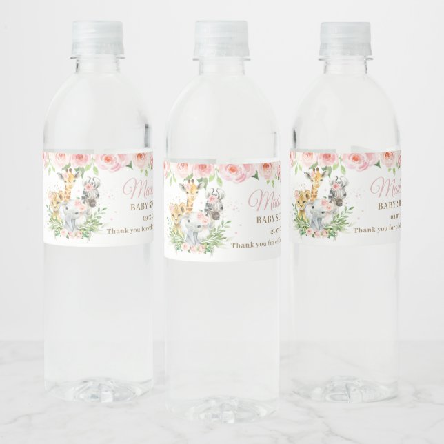 Jungle Animal Safari Pink Floral Girl Babydusche Wasserflaschenetikett (Flaschen)