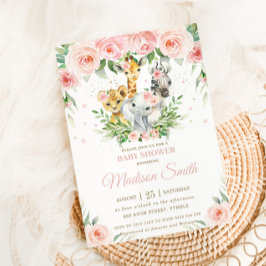 Jungle Animal Safari Rosa Blush Bloral Baby Dusche Einladung