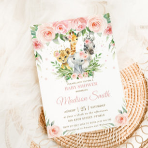 Jungle Animal Safari Rosa Blush Bloral Baby Dusche Einladung