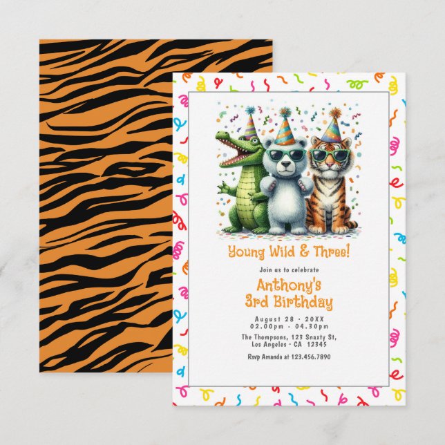 Jungle Animal "Young Wild and Three" 3. Geburtstag Einladung (Vorne/Hinten)