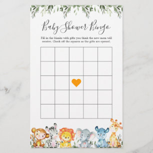 Jungle Animals Baby Dusche Bingo Spiel