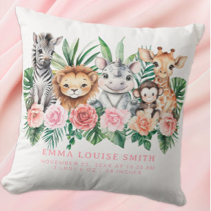 Jungle Animals Baby Girl Birth Stats Pillow Kissen