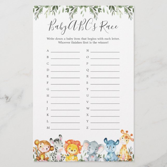 Jungle Animals Baby Shower ABCs Race Game (Vorderseite)