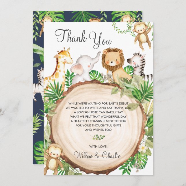 Jungle Animals Baby Shower Greenery Safari Boy Dankeskarte (Vorne/Hinten)