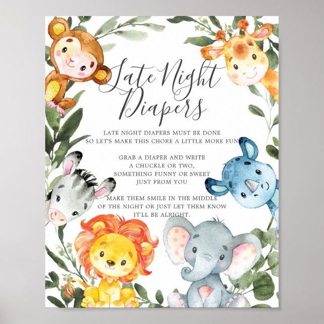 Jungle Animals Babydusche Spätnächtliche Windeln s Poster (Vorne)