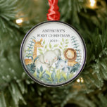 Jungle Animals Baby's First Christmas Ornament<br><div class="desc">Niedliche Baby's erste Weihnachtsschmuck die süßesten kleinen Dschungeltiere gerahmt mit Aquarelldschungel Blätter.</div>