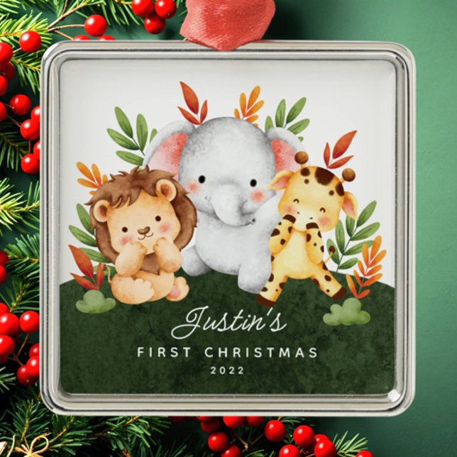 Jungle Animals Baby's First Christmas Ornament Aus Metall (Von Creator hochgeladen)