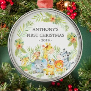 Jungle Animals Baby's First Christmas Ornament Aus Metall