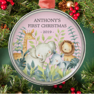 Jungle Animals Baby's First Christmas Ornament Aus Metall