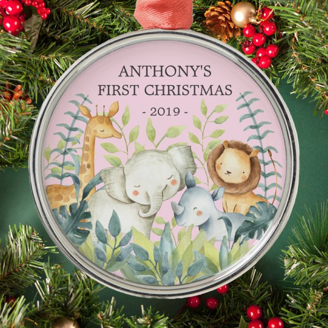 Jungle Animals Baby's First Christmas Ornament Aus Metall (Von Creator hochgeladen)