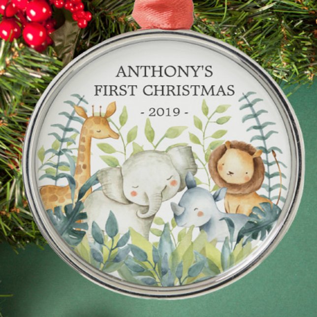 Jungle Animals Baby's First Christmas Ornament Aus Metall (Von Creator hochgeladen)