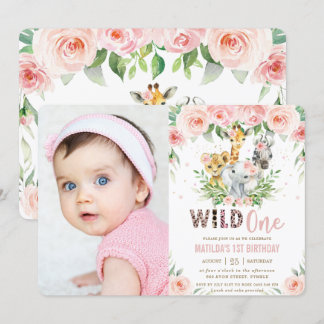 Jungle Animals Blush Floral 1. Geburtstag Foto Einladung