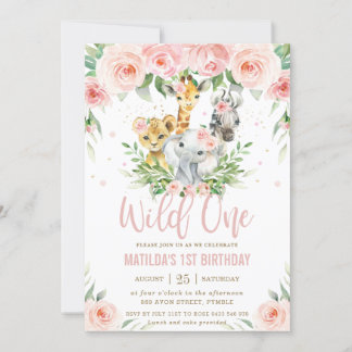 Jungle Animals Blush Floral 1. Geburtstag Wild ONE Einladung