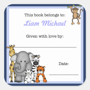 Jungle Animals Book Plate Blue Boy BUCHZEICHEN Quadratischer Aufkleber