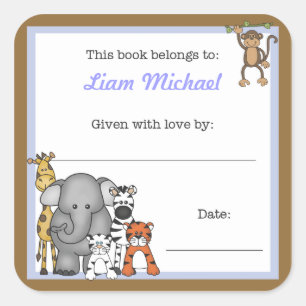 Jungle Animals Book Plate Blue Boy BUCHZEICHEN Quadratischer Aufkleber