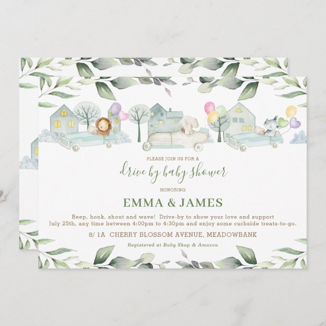 Jungle Animals Cars Greenerity Drive by Baby Showe Einladung (Vorne/Hinten)