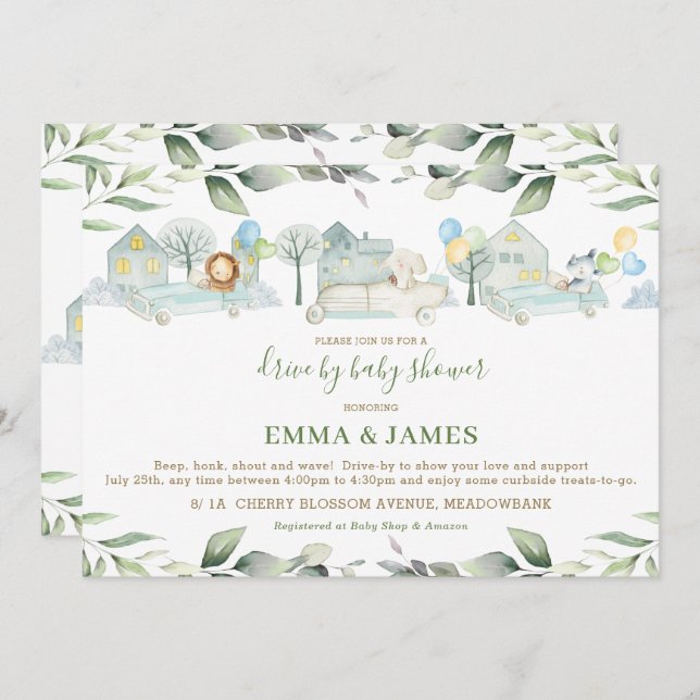 Jungle Animals Cars Grünwagen mit Babydusche Einladung (Vorne/Hinten)