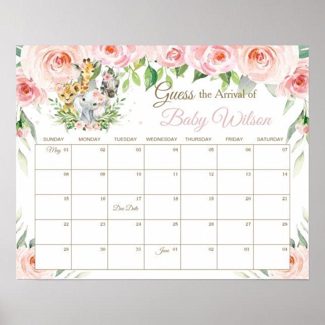 Jungle Animals Floral Guess Baby's Ankunft Spiel Poster (Vorne)