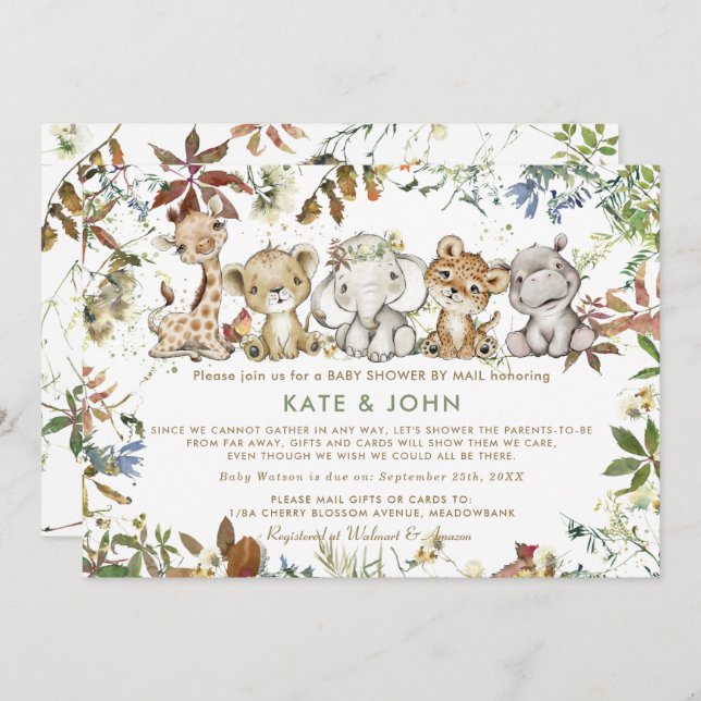 Jungle Animals Gender Neutral Baby Shooter by Mail Einladung (Vorne/Hinten)