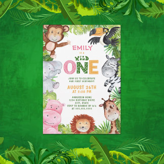 Jungle Animals Girl Wild 1. Geburtstag Einladung