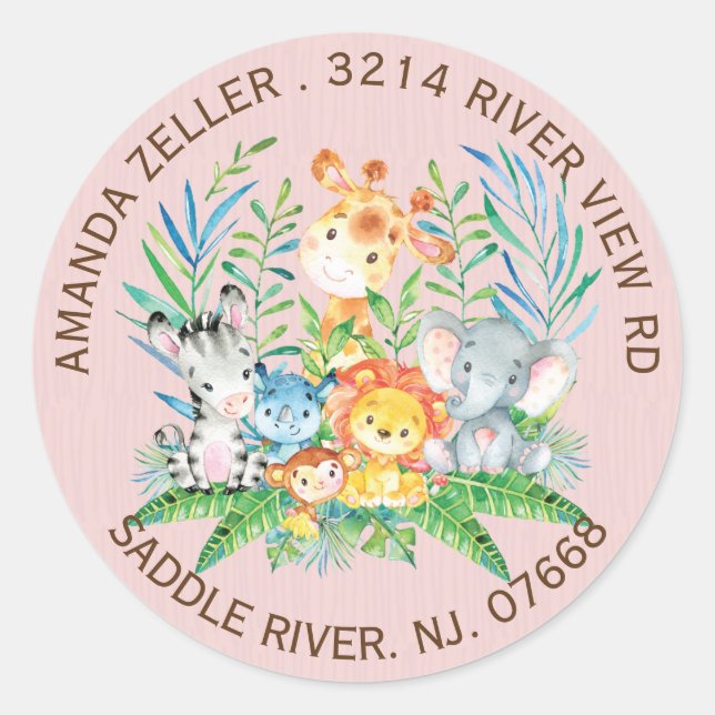 Jungle Animals Girls Babydusche Runder Aufkleber (Vorderseite)