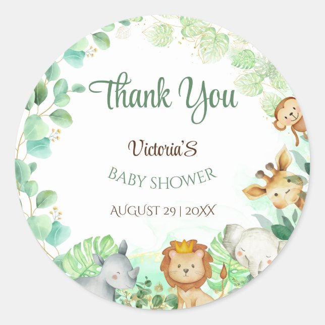 Jungle Animals Gold Botanica Baby Dusche Runder Aufkleber (Vorderseite)