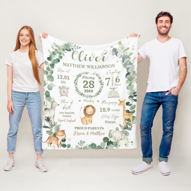 Jungle Animals Greenery Baby Birth Print Stats Fleecedecke (Beispiel)