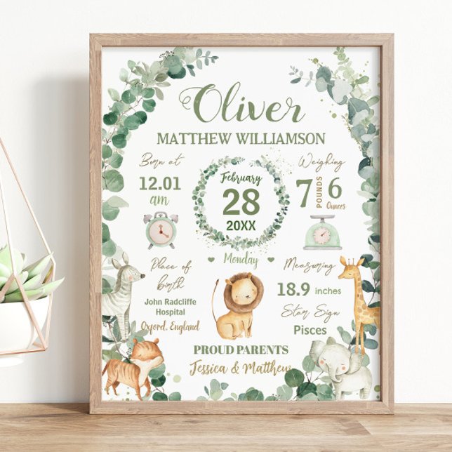 Jungle Animals Greenery Baby Birth Print Stats Poster (jungle-animals-soft-greenery-wreath-whimsical-gender-neutral-birth-stats-print-sign-nursery-wall-art)