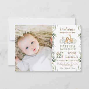 Jungle Animals Greenery New Baby Boy Foto Birth Ankündigung