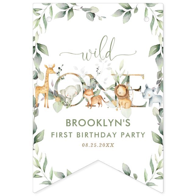 Jungle Animals Greenery Wild One Happy Birthday Wimpelkette (Erste Fahne)