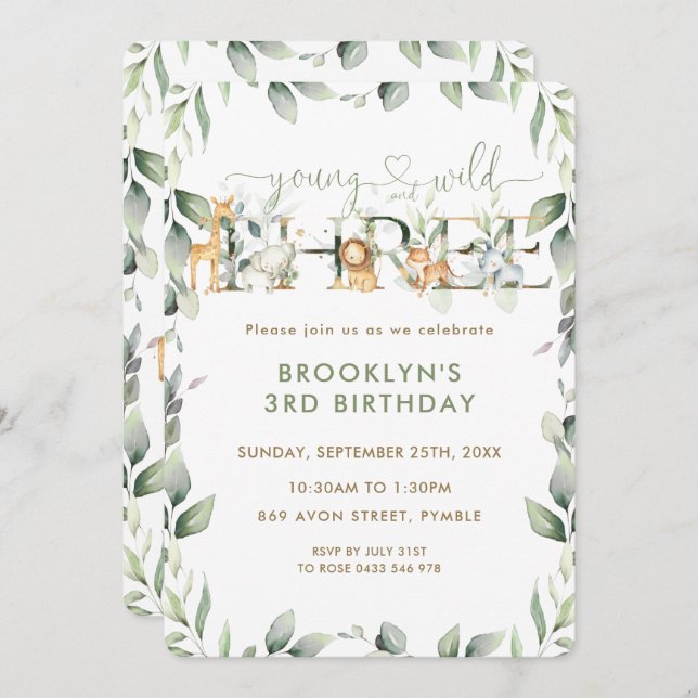 Jungle Animals Greenery Young Wild and Three Einladung (Vorne/Hinten)