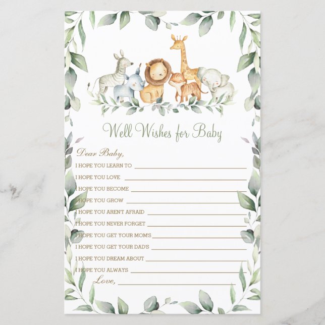 Jungle Animals Gute Wünsche für Baby Dusche Spiel (Vorderseite)