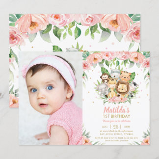 Jungle Animals Pink Floral 1. Geburtstag Foto Einladung