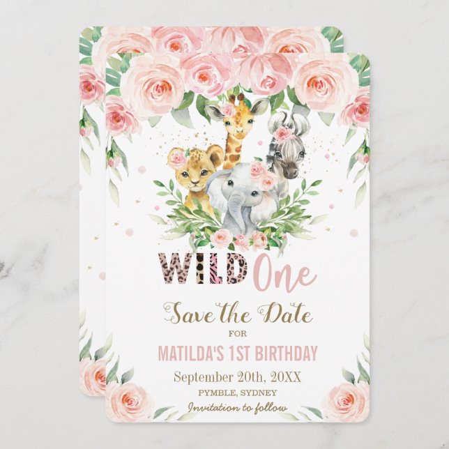 Jungle Animals Pink Floral Save the Date Card Einladung (Vorne/Hinten)