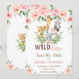 Jungle Animals Pink Floral Save the Date Card Einladung