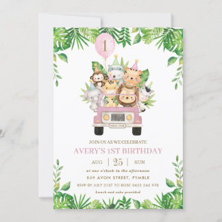 Jungle Animals Pink Safari Auto Girl 1. Geburtstag Einladung