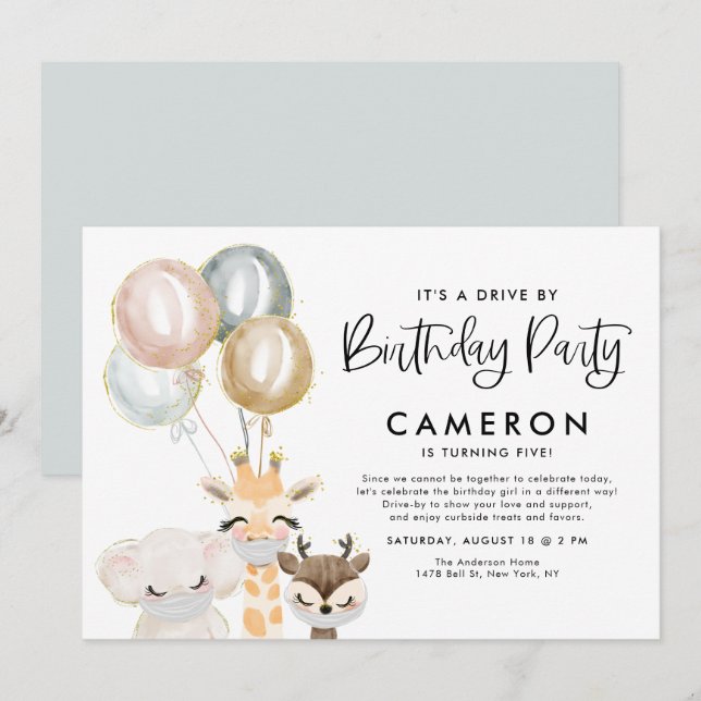 Jungle Animals Quarantäne Drive by Birthday Party Einladung (Vorne/Hinten)