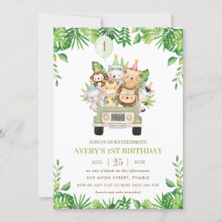 Jungle Animals Safari Auto Grüne 1. Geburtstag Einladung