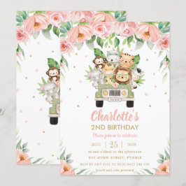 Jungle Animals Safari Auto Pink Blumen Geburtstag Einladung