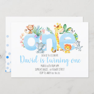 Jungle Animals Safari Boy Blue Niedlich 1. Geburts Einladung
