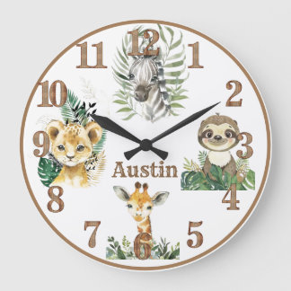 Jungle Animals Safari Personalisiertes Kinderzimme Große Wanduhr