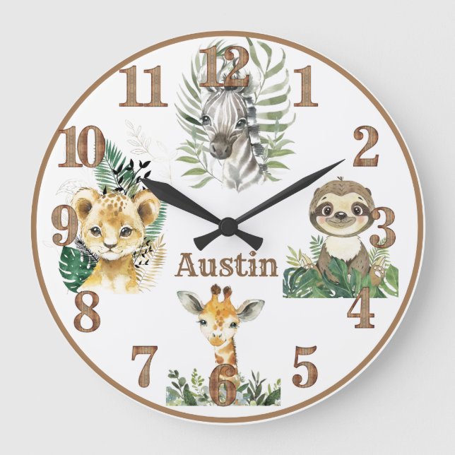 Jungle Animals Safari Personalisiertes Kinderzimme Große Wanduhr (Vorderseite)